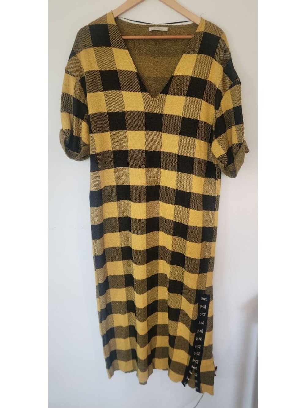 Zara Women's Sz. L Gold & Black Buffalo Plaid Maxi Dress Side Slit Detail